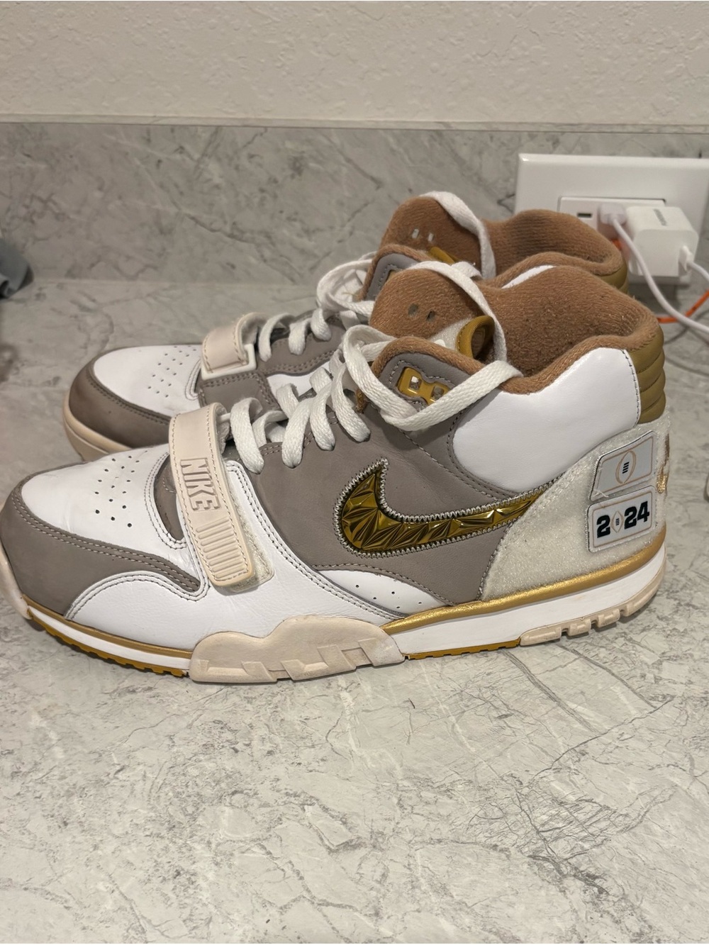 Nike White Gray & Gold Mid-Top Sneakers